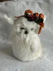 White OWL Tree Topper Winter Decor w/ Designer Heirloom Stripe Ribbon Bow #2 NEW