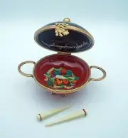 New French Limoges Trinket Box Red & Black Chinese Wok w Vegetables & Chopsticks