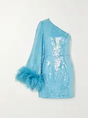[Rebecca Vallance] Rebecca Vallance - Nicolette One-shoulder Feather-trimmed Sequined Stretch-crepe Mini Dress - Blue - UK 8 UK 8 Blue