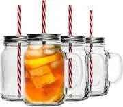 Rink Drink Drinking Mason Jars with Lids and Reusable Straw - Pack of 4-620ml Glass Drinking Jar Mugs with Handles and Screw Top for Overnight Oats, Smoothies, Cocktails, Drinks