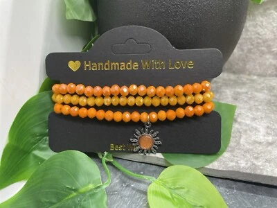 3 PC Handmade Beaded Boho 6.5” Plus Stretch Charm Bracelet Set Sunburst B4016