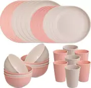 LIYH 32Pcs Wheat Straw Dinnerware Sets for 8,Pink Plates and Bowls Sets,Beige Pl