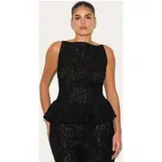 Plus Black Sheer Lace Peplum Sleeveless Top, Black
