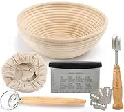 9inch Round Natural Rattan Bannetons Bread Proofing Basket Set Baking Tools with Dough Scraper Dough Whisk Linen Cloth Liner