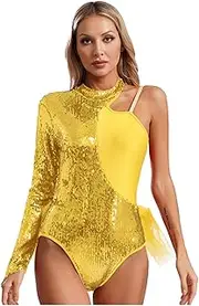 [TiaoBug] Women Sparkly Sequins Feather Tulle Skirted Leotard Latin Jazz Modern Dance Jumpsuit Ballroom Costume