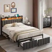 HOMFURN Double Bed Frame with 2 Storage Drawers and LED Lights Headboard, Upholstered Bed Frame Queen Size with Charging Station, No Box Spring Needed, Easy Assembly - Grey