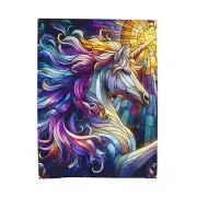 Velveteen Plush Blanket Home Decor Unicorn Stained Glass Vibrant Colors Cute