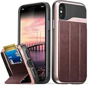 iPhone X/XS Case, Vena vCommute Flip Leather Back, Drop Protection Card Slot Holder, Military Grade Kickstand Cover for Apple iPhone X/XS (5.8") (Rose Gold/Red/Black)