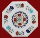 Multicolor Gemstone Inlay Work Side Table Top Octagon White Marble Coffee Table