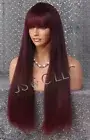 Human hair Blend Full Wig Heat OK textured straight Burgundy Mixed bangs MG