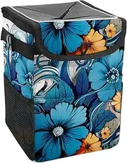 Car Trash Can with Lid and Storage Pockets Leak-Proof Organizer,Waterproof Garbage Can,Blue Green Flowers