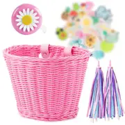 Kid's Bicycle Basket,Colored Tassels Wicker Front Handlebar Bike Basket Handlebar with Streamers Bell and Stickers,Bicycle Decoration for Girls and...