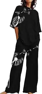 [Generic] Girls Lounge Wear Set Silk Pjs for Women Long Womens Size Cute Pyjamas Sexy Ladies Crew Neck 18 Nightwear Thin Floral Printed Night Dress Pants and Tshirt Plus Short Sleeved Sets
