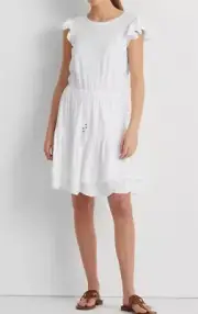 Lauren Ralph Lauren Womens White Eyelet Ruffled Drawstring Waist Dress, Size 8