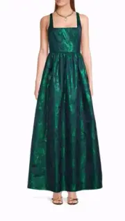 Aidan Mattox Abstract Jacquard Satin Maxi Gown Dark Ivy Green Shimmer NEW NWT