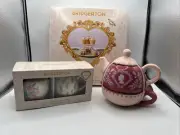 New Bridgerton Pink Cameo Stacked Teapot, Cream & sugar Set & Tiered Tray