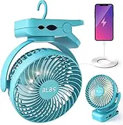 Camping Fan with LED Light - 12000mAh 65Hrs Battery Powered, Portable Rechargeable, Use As Power Bank, Clip On, Tent Fan for Camping, Camp Fan for Tent, Ceiling Fan for Tent RV Bed, Blue