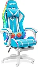 VANSPACE RGB Gaming Chair with Massage and LED Lights Ergonomic Computer Chair with Footrest High Back Reclining Video Game Chair with Adjustable Lumbar Support Light Blue and White