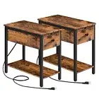End Table with Charging Station, Set of 2 Narrow Side Table, Small