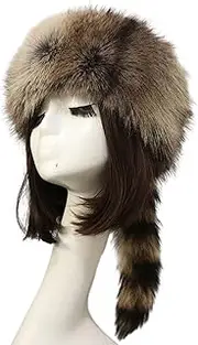 [BELOWSYALER] Winter Plush Hat with Raccoon Tail Unisex Adult Plush Flat Cylinder Hat Cute Style Mongolian Hat with Raccoon Tail Women Teens Casual Winter Keep Warm