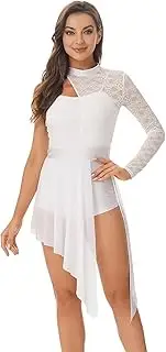 [Moggemol] Womens Lace Patchwork One Shoulder Long Sleeve Mesh Split Asymmetric Hem Dance Dresses