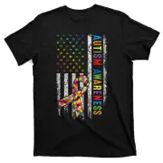 Autism Awareness Puzzle Ribbon Usa Flag T-Shirt