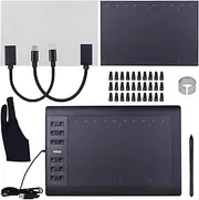 Labymos 10x6 Inch Professional Graphics Drawing Tablet 12 Express Keys with 8192 Levels Battery-Free Stylus/30pcs Nibs/Pen Clip/2pcs OTG Cable/Copy Film/Hand Feeling Film/Glove Support PC/Laptop Conne