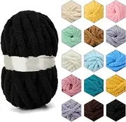 ERLYEEN Chenille Chunky Yarn Super Bulky Soft Thick Fluffy Jumbo Giant Washable Polyester Big Yarn DIY for Arm Knit Blanket Cushion Bed Sofa Home Decor,Black,0.55LB