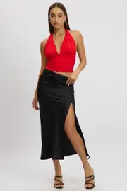 Black Slip Skirt High Waist Front Split Midaxi Satin - Size 8XS, Women's Midi Skirt