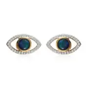 SUNDAYS CHILD Australian Boulder Opal Triplet &Natural White Zircon Eye Earrings