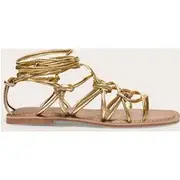 Gold Metallic Real Leather Square Toe Knotted Strap Tie Up Sandals, Gold