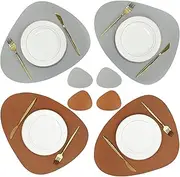 Olrla Dual-Sided Placemat and Coaster Sets 4, PU Leather Waterproof Heat-Resistant Wipeable Dining Table Mats for Home Kitchen Restaurant Indoor Outdoor(Brown/Grey)