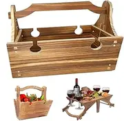 Picnic Basket Table 2 in 1 Wooden 13x5.5x8.85 Picnic Basket with Handle Portable Pastoral Table with Wine Glass Holder for Outdoor Lawn Garden Park