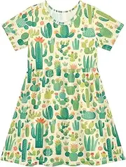[FRODOTGV] Light Green Cactus Beige Girls Summer Dress Short Sleeve Soft Casual Dressy Dresses for Baby Girls, Light Green Cactus Beige, 4 Years