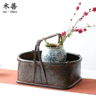 竹編筐 竹籃提盒食盒 做舊復古 茶具收納居家裝飾 無蓋橢圓形