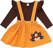 [HAPPYMA] Thanksgiving Outfits Toddler Baby Girl Skirts Sets Ruffle Top + Turkey Dot Overalls Suspender Dress Fall Winter Clothes 1-5T