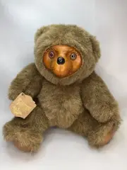 Vtg Robert Raikes Wood Face Plush Brown Teddy Bear Sherwood #5452 Applause 1985