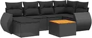 vidaXL Garden Sofa Set with Cushions - Modular 7-Piece Black Poly Rattan Patio/Outdoor Lounge - Acacia Wood Tabletop - Water-Resistant Storage