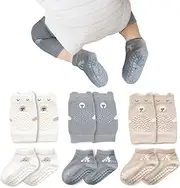 [TNSLAND] Baby Knee Pads for Crawling, 3 Pairs of Knee Pads Baby and 3 Pairs of Crawling Socks, Baby Non-Slip Crawling Pads with Rubber Dots, Knee Socks, Crawling Aid Boys Girls
