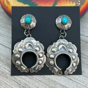 Sterling silver Turquoise Hand stamped naja concho earrings, Navajo Gabrielle Y