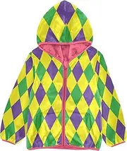 [GuoChe] Toddler Sherpa Jacket Mardi Gras Carnival Green Purple Yellow Diamonds Toddler Girl Clothing pink Zip Up Jacket 3T