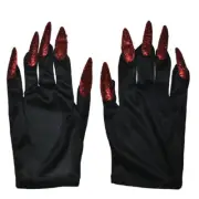 Halloween Costume Witch Nails 2pc Polyester Gloves, Black Red, One-Size