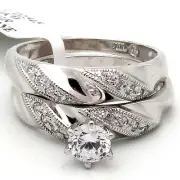 Bridal Ring Set 14K White Gold Cubic Zirconia 0.95TCW Solitaire 1/Accents Wavey