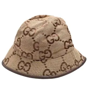 【GUCCI 古馳】經典JUMBO GG LOGO帆布漁夫帽(駝色681256-3HAGJ-2564)