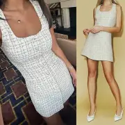 Reformation Jaine White Tweed Mini Dress 8 Sleeveless Button Front Scoop Neck