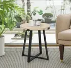 Round MDF White Oak Finish, Manufactured Wood End Table With Cross Metal Legs
