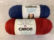 Caron Simply Soft Yarn Lot of 2 Blue & Red 6 ozs 315 yards/each 100% Acrylic