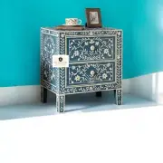Bone Inlay Nightstand Table, Bedside Table 2 Drawers Green Floral Living Room