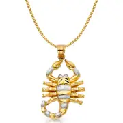 14K Two Tone Gold Scorpion Charm Pendant with 2mm Flat Open Wheat Chain Necklace
