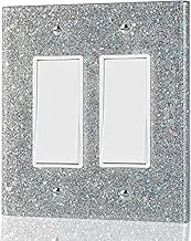 Light Switch or Outlet Covers,Shiny Mirrored Wall Plate,Size 2-Gang 5.10"x5.10",Double Rocker Switch Plate Cover Sparkle Design,Laser Silver
